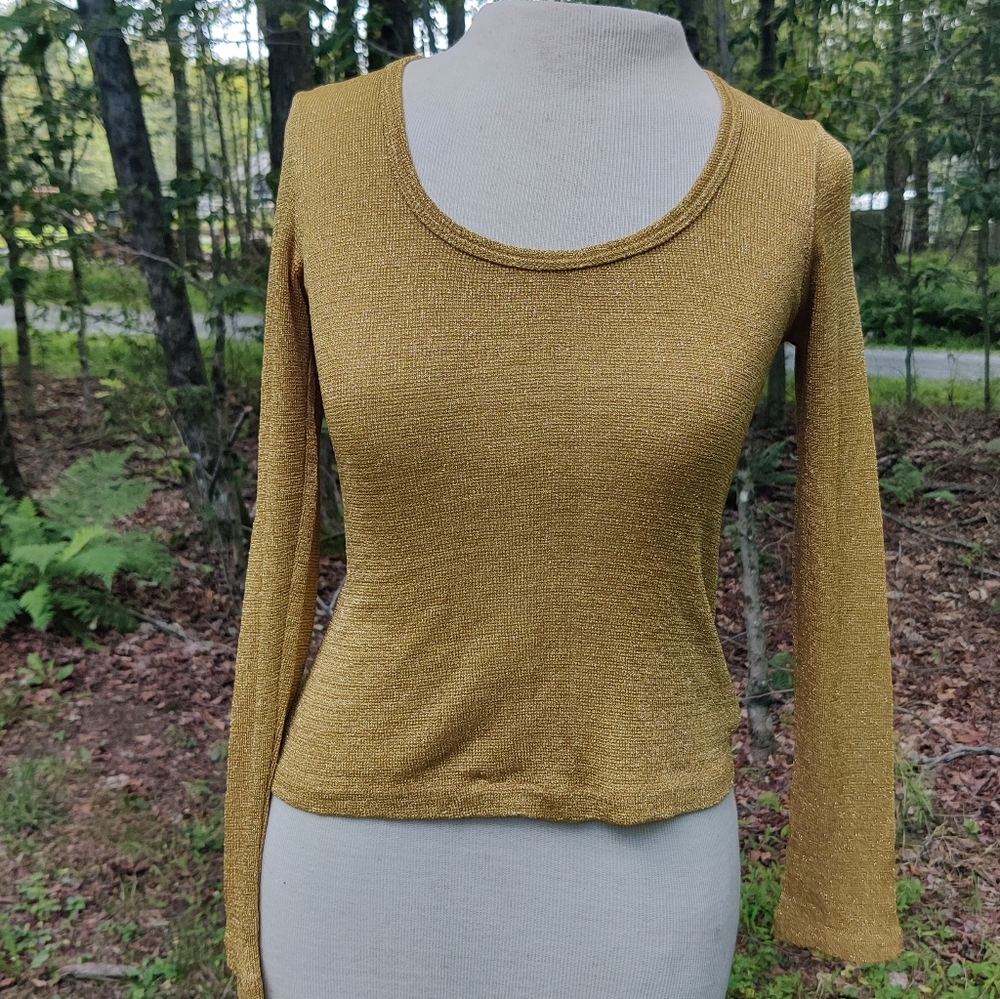 70s 80s Gold Lurex Women Long Sleeve Cropped Stretch Shirt XS/S Metallic Sparkle